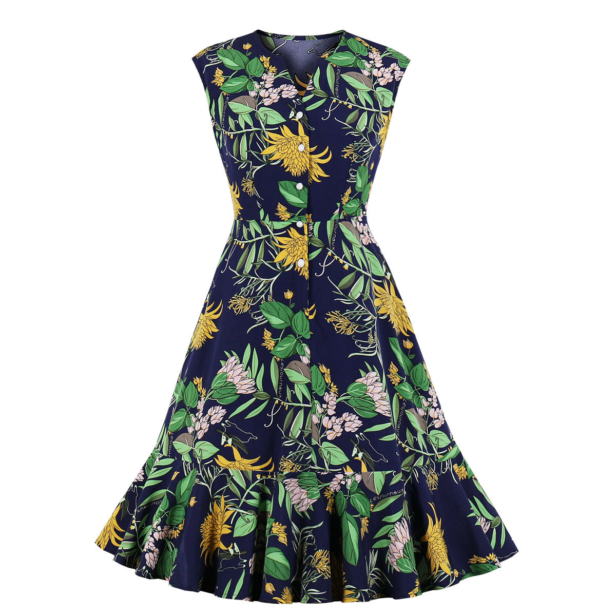 Hot Sale New Product Women'S V-Neck Ruffle Skirt Printed Sleeveless Dress