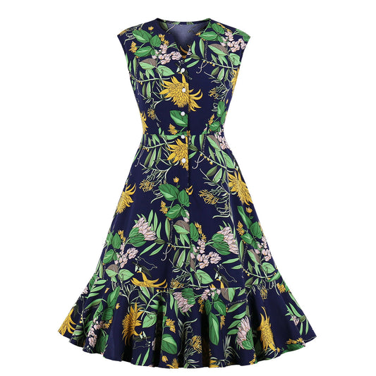 Hot Sale New Product Women'S V-Neck Ruffle Skirt Printed Sleeveless Dress