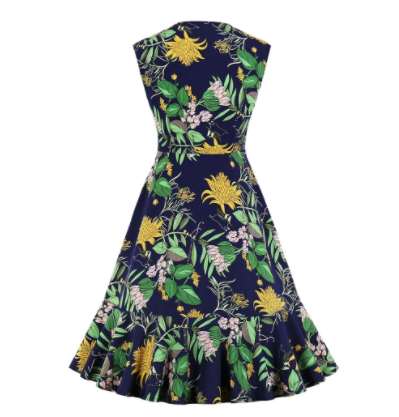 Hot Sale New Product Women'S V-Neck Ruffle Skirt Printed Sleeveless Dress
