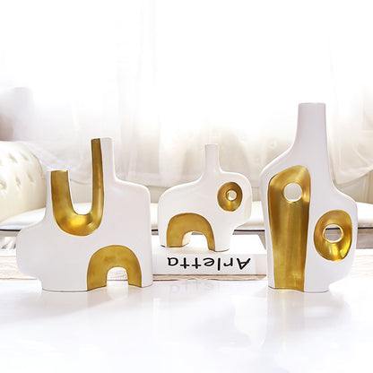 Luxury Ceramic Vase Decoration Desktop Flower Arrangement Abstract Art Double Mouth White Floral Modern Home Decoration Wedding