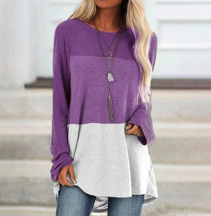 New Women's Long Sleeved Round Neck Stitching Casual Plus Size T Shirt