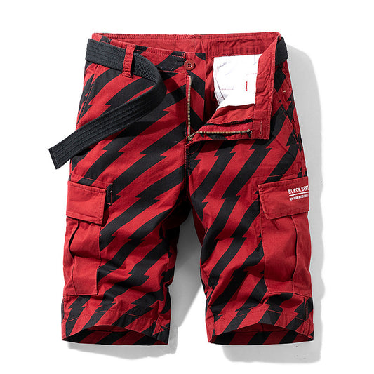 Men Red Summer Thin Print Striped Cargo Shorts