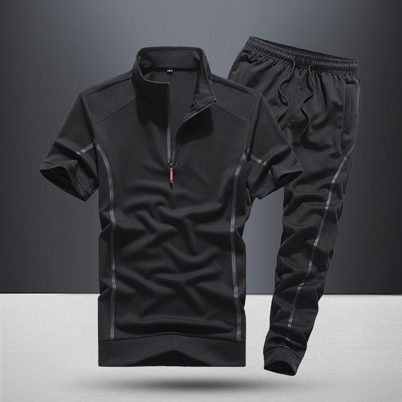 Sportswear Men's RED TSHIRT WITH  ZIPPER COLLAR SHORT SLEEVE TSHIRT, THIN ALL BLACK JOGGER PANTS SET
