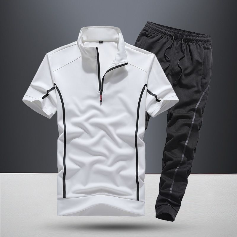 Sportswear Men's RED TSHIRT WITH  ZIPPER COLLAR SHORT SLEEVE TSHIRT, THIN ALL BLACK JOGGER PANTS SET