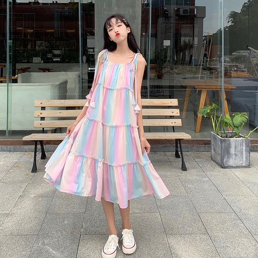 Rainbow Striped Suspender Dress Summer Korean loose Girl French Mid-Length Holiday Style Large Swing Beach Dress