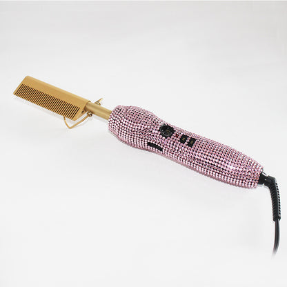 Hairdressing Comb Straight Curl Set With Glass Rhinestone Dual-Purpose Gold Diamond-Set Straight Hair Comb Hair Straightener