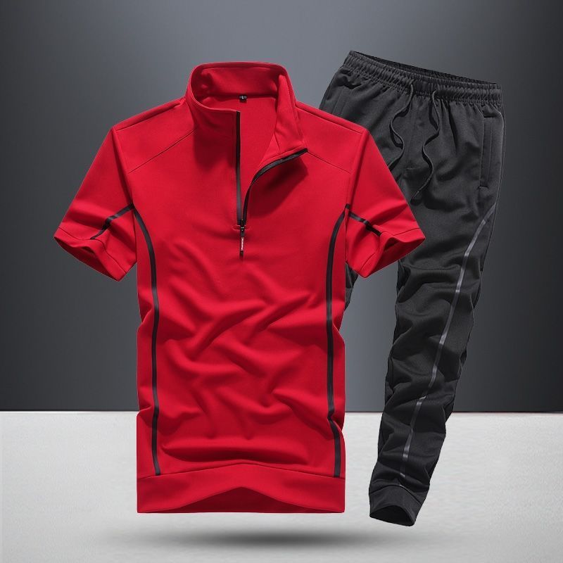 Sportswear Men's RED TSHIRT WITH  ZIPPER COLLAR SHORT SLEEVE TSHIRT, THIN ALL BLACK JOGGER PANTS SET
