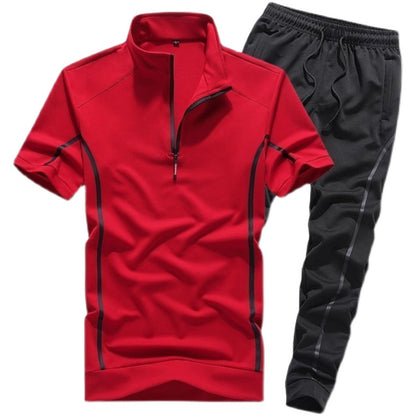 Sportswear Men's RED TSHIRT WITH  ZIPPER COLLAR SHORT SLEEVE TSHIRT, THIN ALL BLACK JOGGER PANTS SET