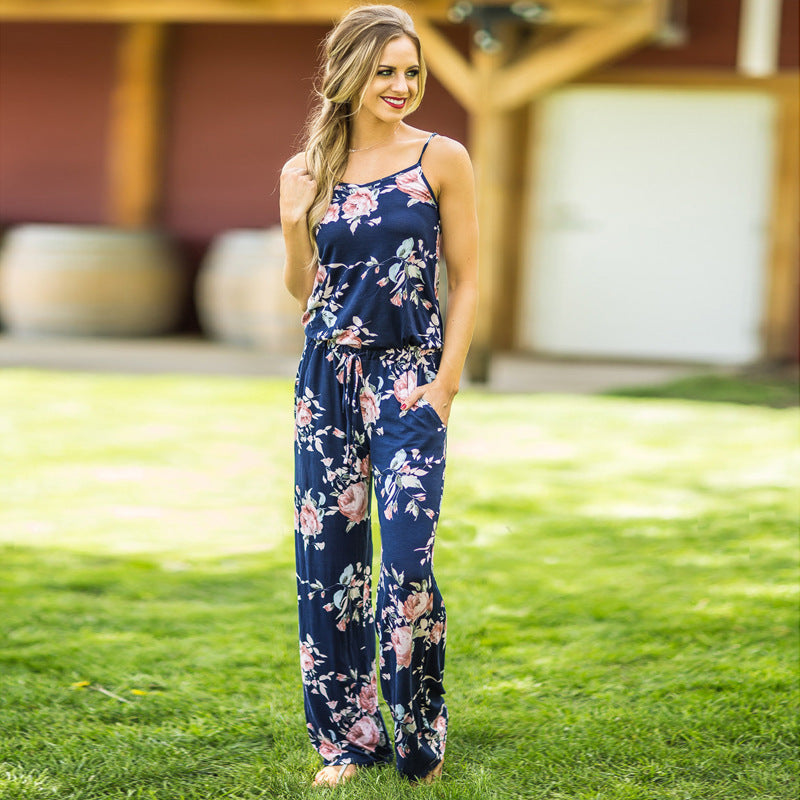 2019 Hot Sale European And American New Product Sling Printed Lace-Up Tall Large Loose Wide Leg One-Piece Long Pants