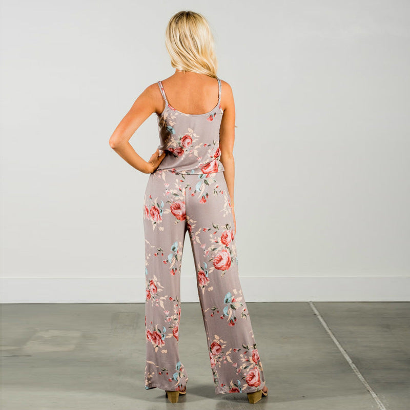 2019 Hot Sale European And American New Product Sling Printed Lace-Up Tall Large Loose Wide Leg One-Piece Long Pants