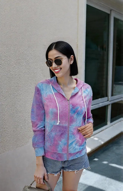 New Products Source Autumn  American Tie-Dye Printed Zipper Hooded Jacket Women WT203S3075