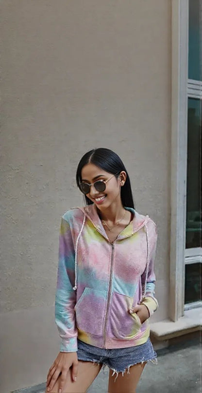 New Products Source Autumn  American Tie-Dye Printed Zipper Hooded Jacket Women WT203S3075