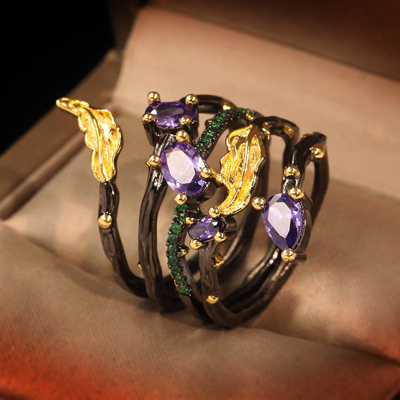 Black Gold Two-Tone Inlaid Purple Zircon Spring Ring