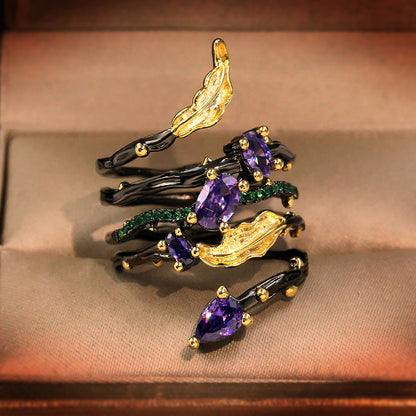 Black Gold Two-Tone Inlaid Purple Zircon Spring Ring