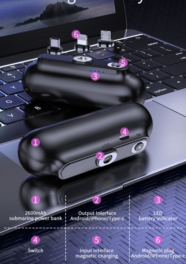 Pocket Portable Magnetic With Plug Capsule Power Bank 2600 Mah Three-In-One Magnetic Mobile Power Customization