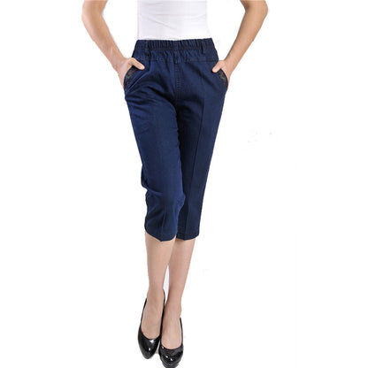 Stretch Thin Pants Elastic Waist Copped Trousers Shorts