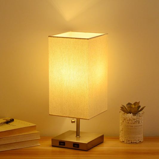 USB Table Lamp Bedside Night Light Solid Wood LED Desk Lamp Bedroom Night Light with Cloth Lampshade