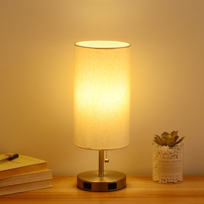 USB Table Lamp Bedside Night Light Solid Wood LED Desk Lamp Bedroom Night Light with Cloth Lampshade