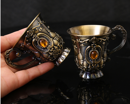 Mini Spirits Wine Glasses Cup 30ml Relief Retro Diamond Pattern Goblet Spirits Drinking Alloy Antique Wine Gift Retro Decoration