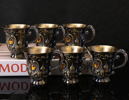 Mini Spirits Wine Glasses Cup 30ml Relief Retro Diamond Pattern Goblet Spirits Drinking Alloy Antique Wine Gift Retro Decoration