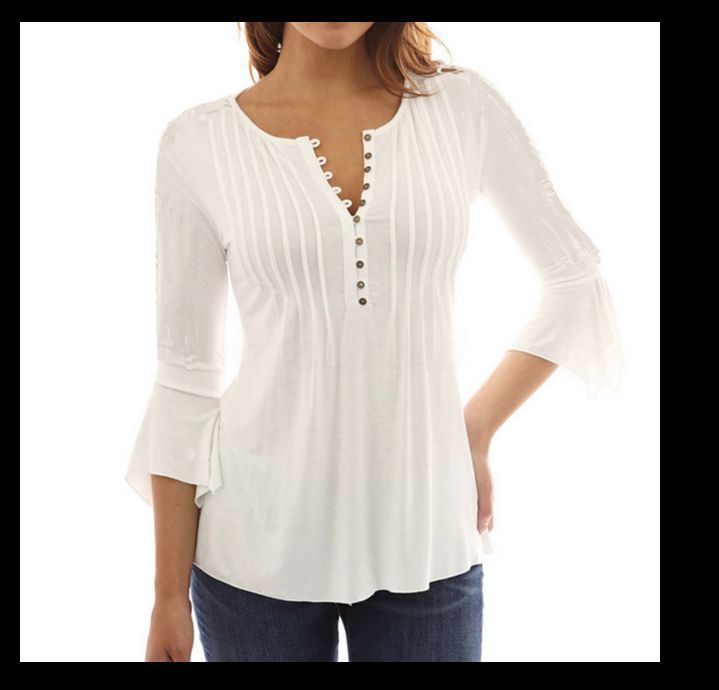 Three-Quarter Flared Sleeves V-Neck Plus Size Pleated T-Shirt Bottoming Shirt