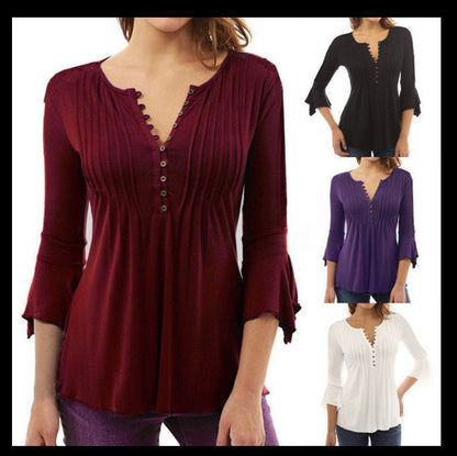 Three-Quarter Flared Sleeves V-Neck Plus Size Pleated T-Shirt Bottoming Shirt