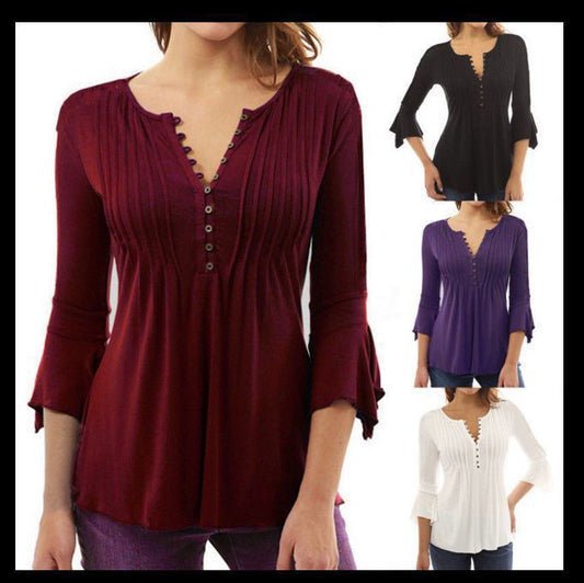 Three-Quarter Flared Sleeves V-Neck Plus Size Pleated T-Shirt Bottoming Shirt