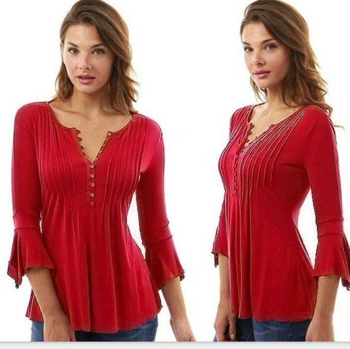 Three-Quarter Flared Sleeves V-Neck Plus Size Pleated T-Shirt Bottoming Shirt