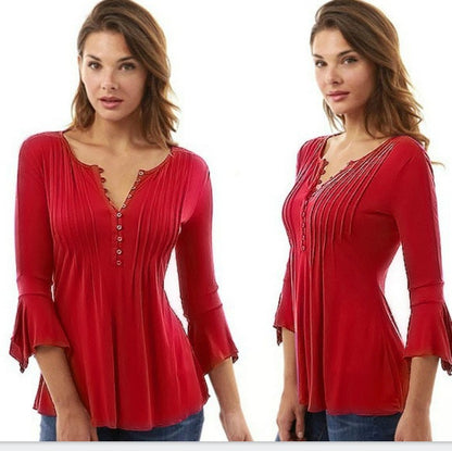 Three-Quarter Flared Sleeves V-Neck Plus Size Pleated T-Shirt Bottoming Shirt