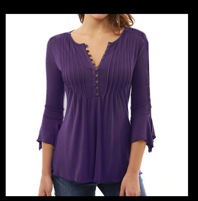 Three-Quarter Flared Sleeves V-Neck Plus Size Pleated T-Shirt Bottoming Shirt