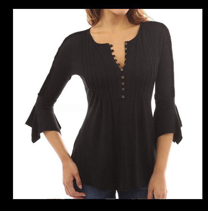 Three-Quarter Flared Sleeves V-Neck Plus Size Pleated T-Shirt Bottoming Shirt