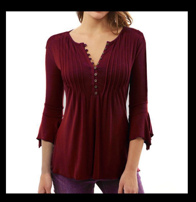 Three-Quarter Flared Sleeves V-Neck Plus Size Pleated T-Shirt Bottoming Shirt