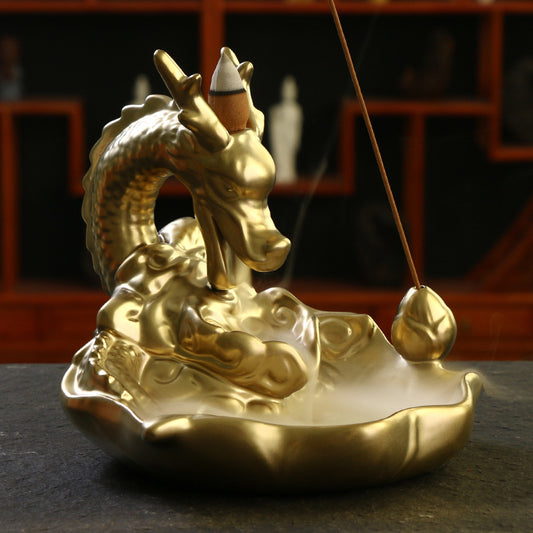 Ceramic Large Smoke Backflow Aromatherapy Burner Matte Golden Carp Hualong Xiangdao Creative Ornaments Sandalwood Burner