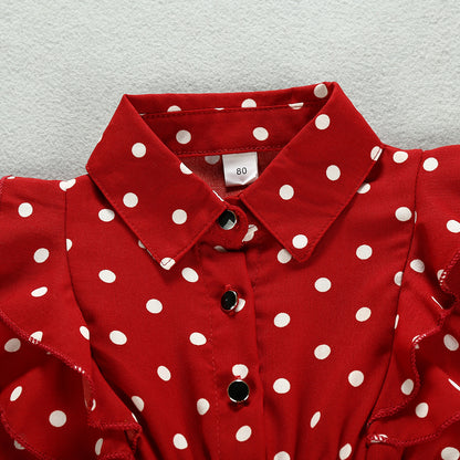 Cross-Border Autumn New Products Korean Girl Lapel Ruffled Long-Sleeved Polka Dot Dress Factory Direct Sales