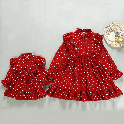 Cross-Border Autumn New Products Korean Girl Lapel Ruffled Long-Sleeved Polka Dot Dress Factory Direct Sales