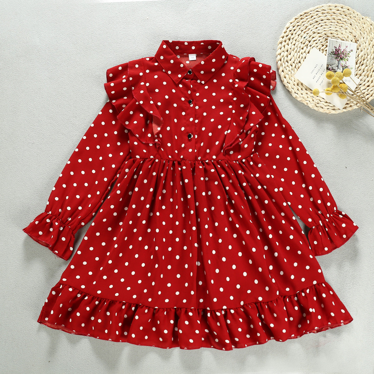 Cross-Border Autumn New Products Korean Girl Lapel Ruffled Long-Sleeved Polka Dot Dress Factory Direct Sales