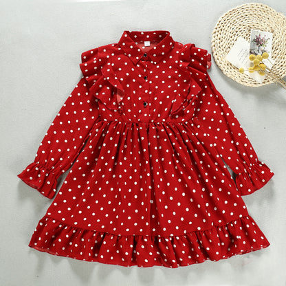 Cross-Border Autumn New Products Korean Girl Lapel Ruffled Long-Sleeved Polka Dot Dress Factory Direct Sales