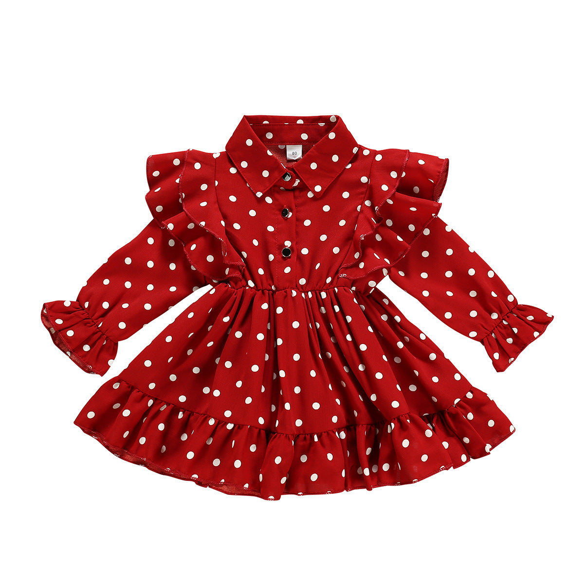 Cross-Border Autumn New Products Korean Girl Lapel Ruffled Long-Sleeved Polka Dot Dress Factory Direct Sales