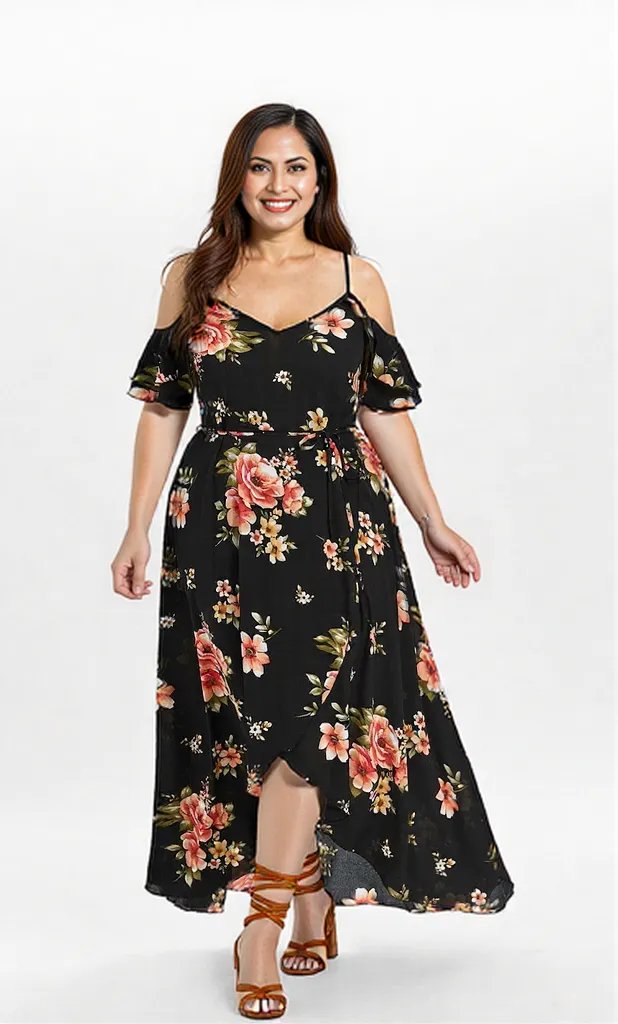 Beautiful Floral Print Women Summer Plus Size Loose Beach Long Dress Skirt