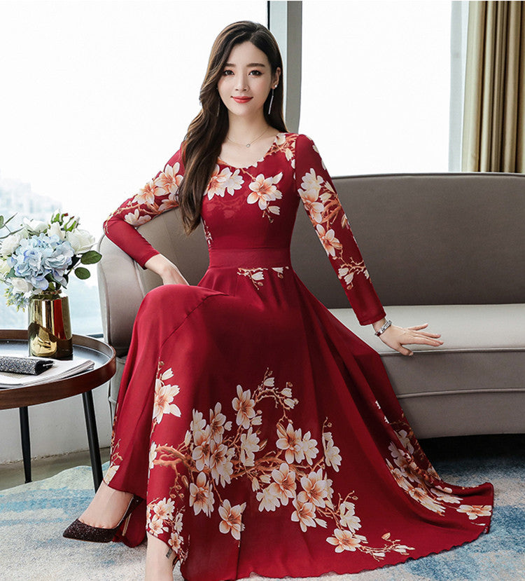 Printed Temperament Plus Size Women's Floral Long Skirt And Large Swing Dress