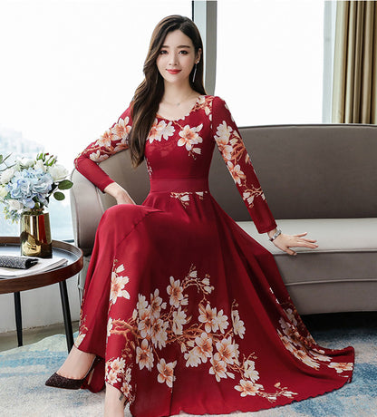 Printed Temperament Plus Size Women's Floral Long Skirt And Large Swing Dress