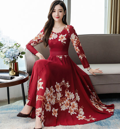 Printed Temperament Plus Size Women's Floral Long Skirt And Large Swing Dress