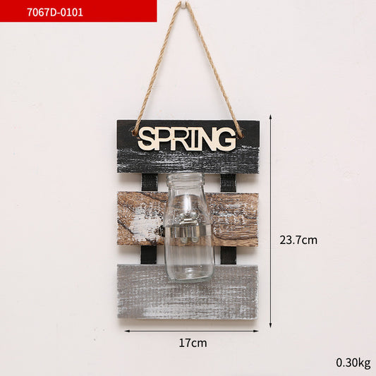 Creative Plant Glass Vase Pastoral Wall Hanging Wooden Flower Arrangement Light Decoration Living Dining Room Glass Vase Wood