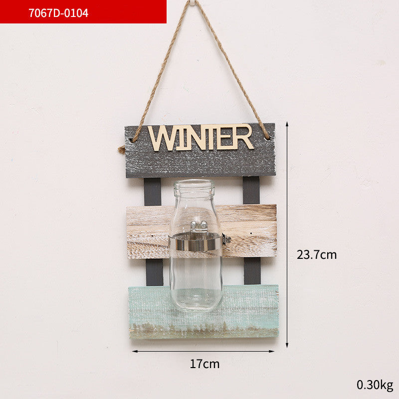 Creative Plant Glass Vase Pastoral Wall Hanging Wooden Flower Arrangement Light Decoration Living Dining Room Glass Vase Wood