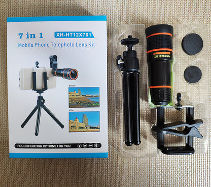 Compatible with Apple, Seven-In-One 12X Telephoto Telescope Tripod Mobile Phone U-Shaped Clip Wide-Angle Macro Fisheye Mobile Phone Lens Set