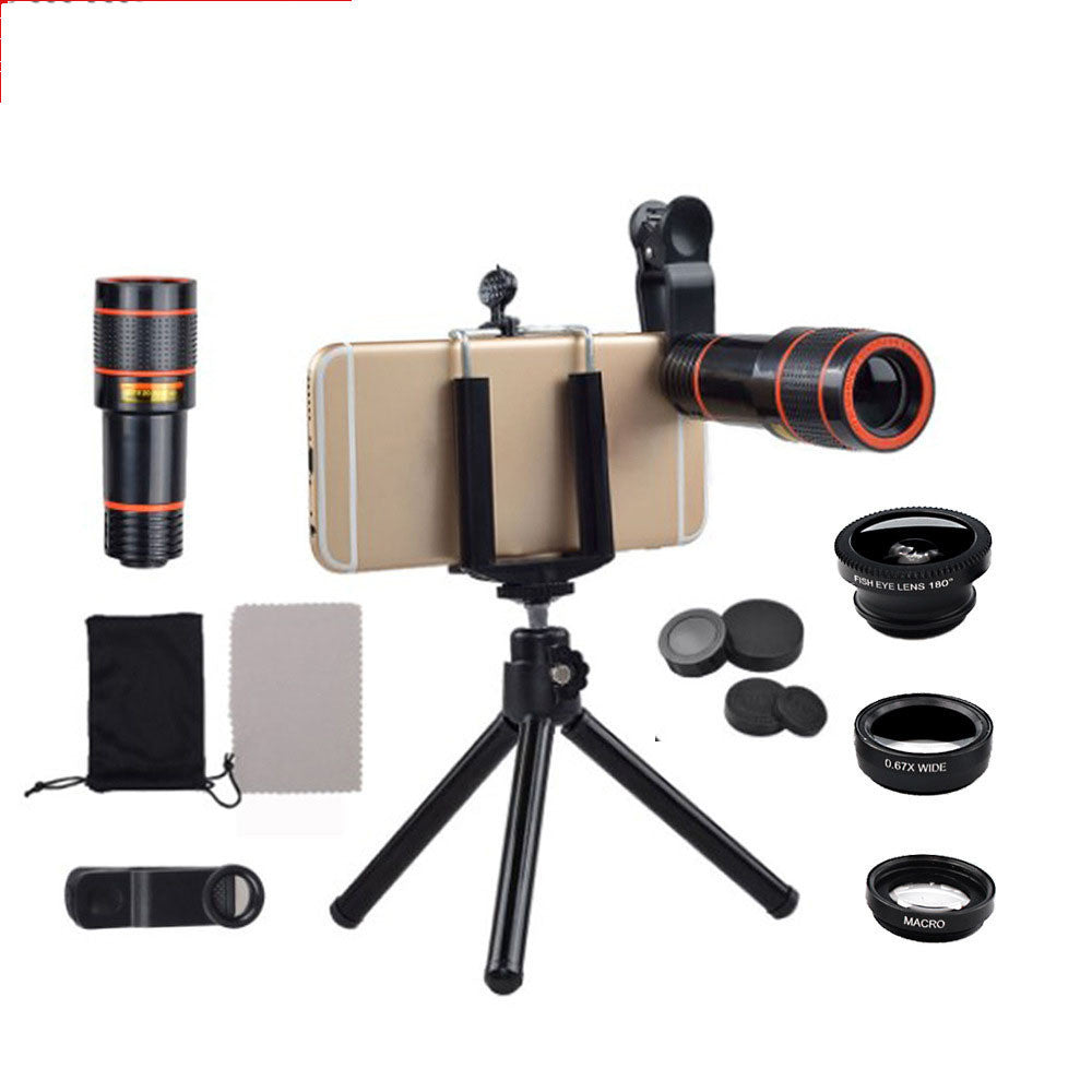 Compatible with Apple, Seven-In-One 12X Telephoto Telescope Tripod Mobile Phone U-Shaped Clip Wide-Angle Macro Fisheye Mobile Phone Lens Set