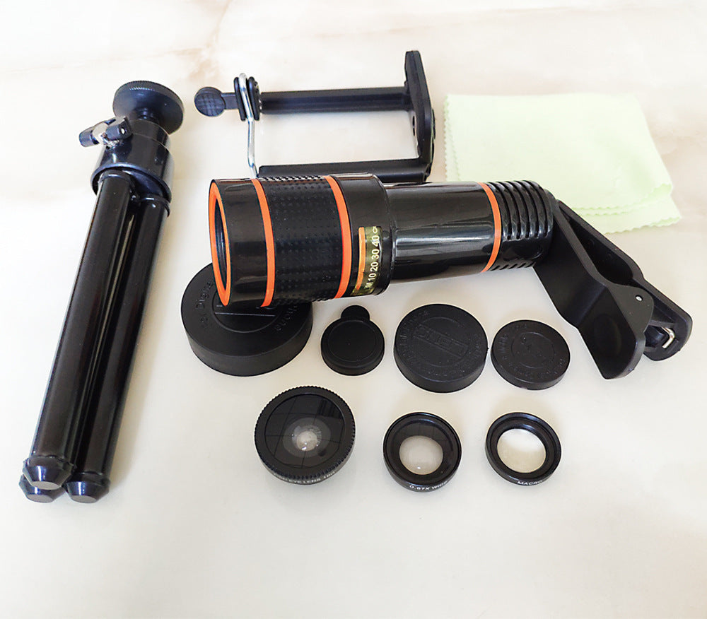 Compatible with Apple, Seven-In-One 12X Telephoto Telescope Tripod Mobile Phone U-Shaped Clip Wide-Angle Macro Fisheye Mobile Phone Lens Set