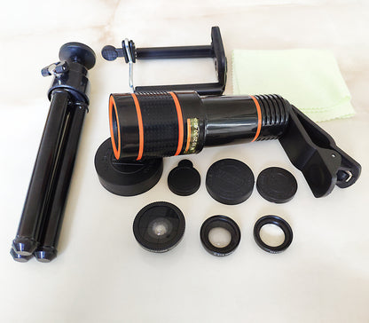 Compatible with Apple, Seven-In-One 12X Telephoto Telescope Tripod Mobile Phone U-Shaped Clip Wide-Angle Macro Fisheye Mobile Phone Lens Set
