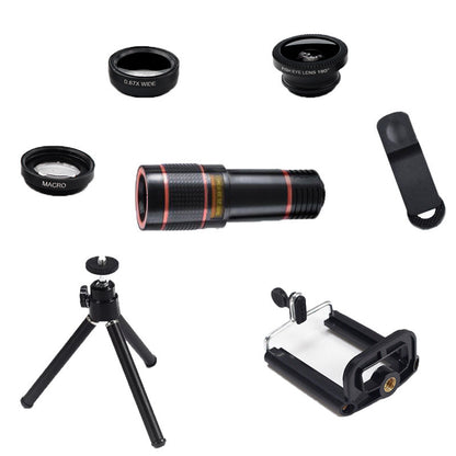Compatible with Apple, Seven-In-One 12X Telephoto Telescope Tripod Mobile Phone U-Shaped Clip Wide-Angle Macro Fisheye Mobile Phone Lens Set