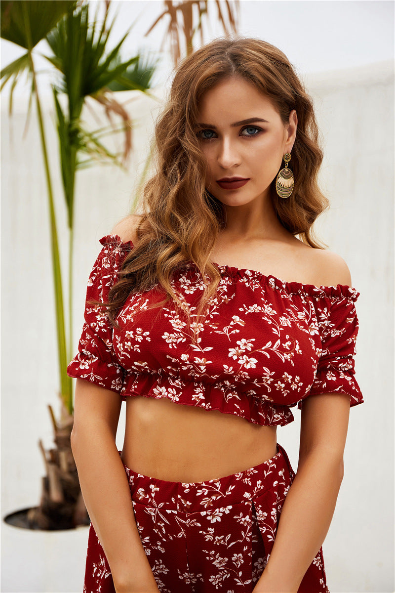 Real Shooting Two Piece Off Shoulder Chest Wrapped Shorts Printing Set Spring New Product